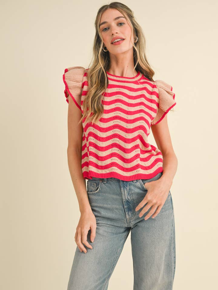 &MERCI - Wholesale Knit Sweater - Women's - WAVY STRIPES FLUTTER SLEEVE SWEATER TOP MSW1050911