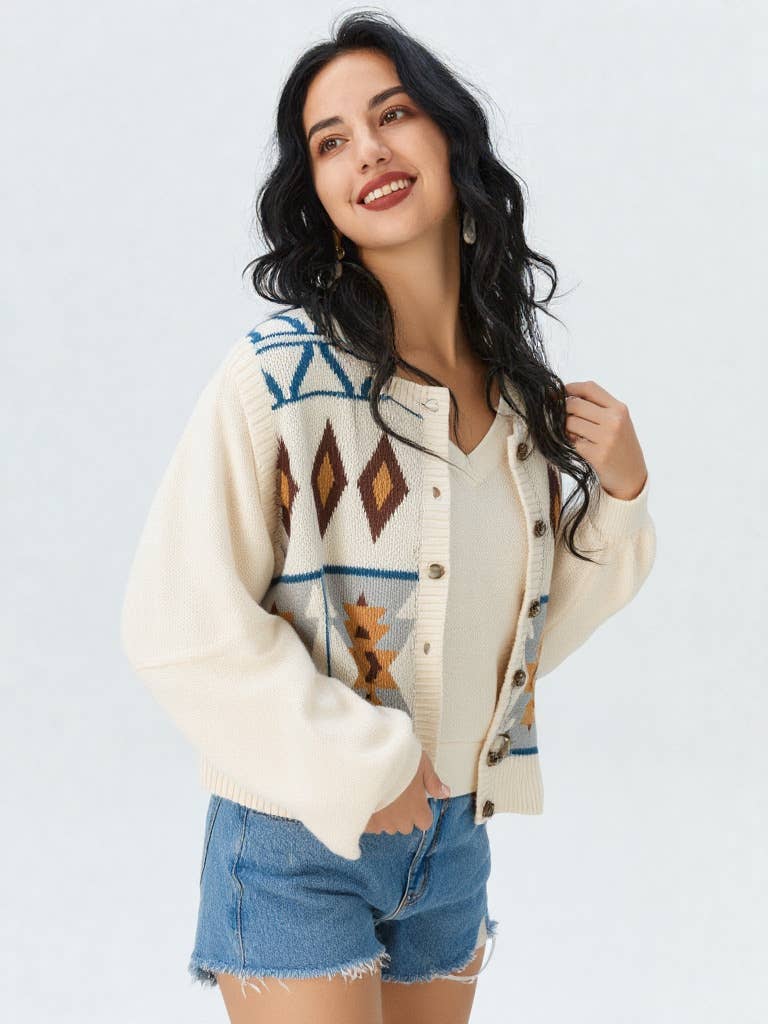 VERY J - Wholesale Sweater Vest - Women's - 12W2661V-Aztec Graphic Button Down Knit Sweater Vest1