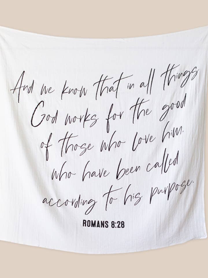 Organic Swaddle Blanket- Romans 8:28 for wholesale by Modern Burlap