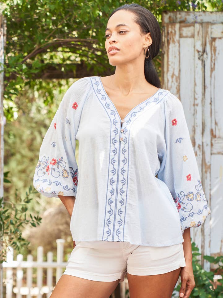 Sky Gauze Embroidered Peasant Shirt 5111-MAT for wholesale by Paparazzi
