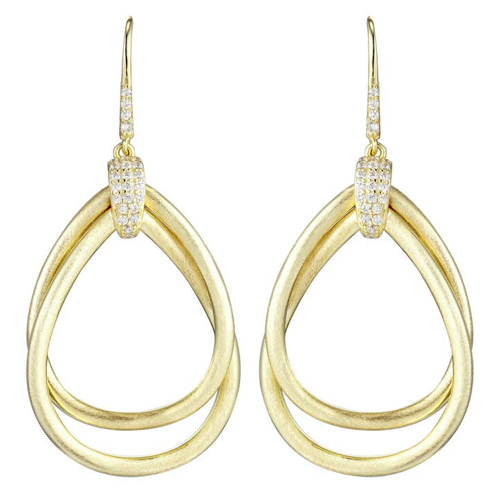 Boucles d'oreilles en argent sterling à double larme CZ en argent sterling plaqué or pour la vente par Dlux Jewels