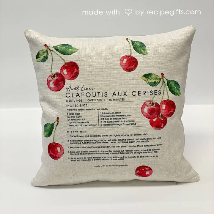 Almohada de recetas Clafoutis aux Cerises de la tía Lisa con inserto para venta al por mayor de Aunt Lisa's Recipe Gifts