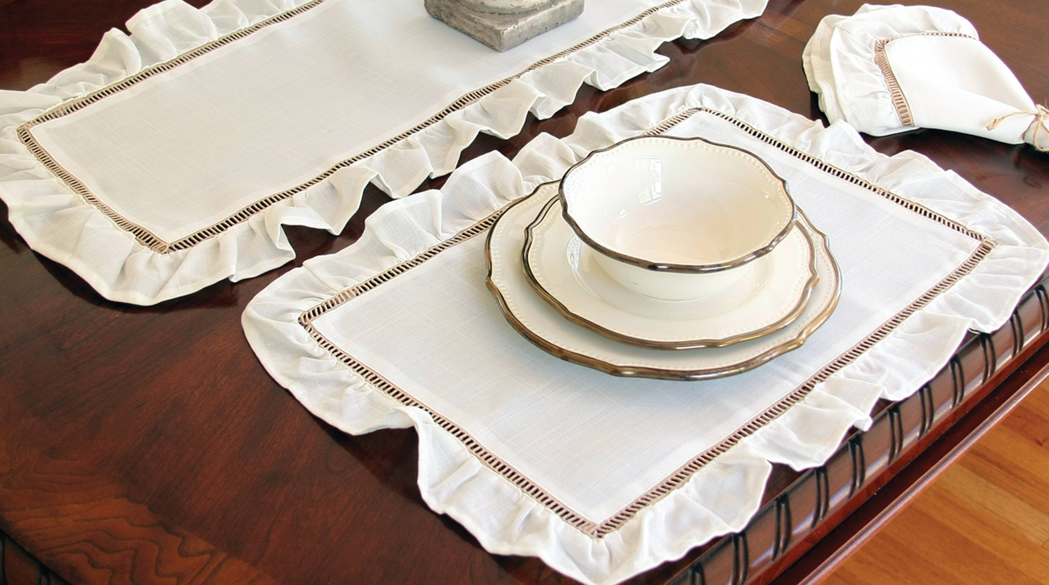 Xia Home Fashions & Manor Luxe - Wholesale Table Runner - Ruffle Trim White and Natural Hemstitch Table Runner3