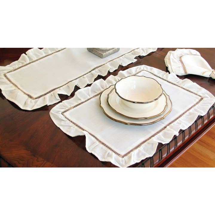 Xia Home Fashions & Manor Luxe - Wholesale Table Runner - Ruffle Trim White and Natural Hemstitch Table Runner3