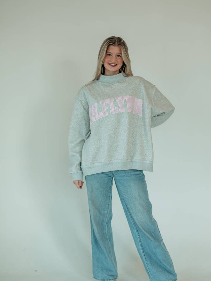 PINK GINGHAM H.FLYNN APPLIQUE - GREY MOCKNECK *CUSTOMIZABLE* for wholesale by h.flynn