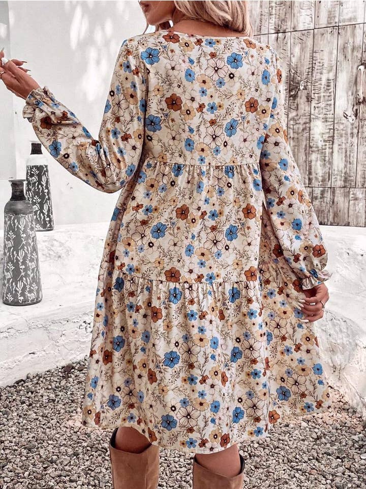 Apricot Floral print bohemian long-sleeves babydoll dress for wholesale on Faire8