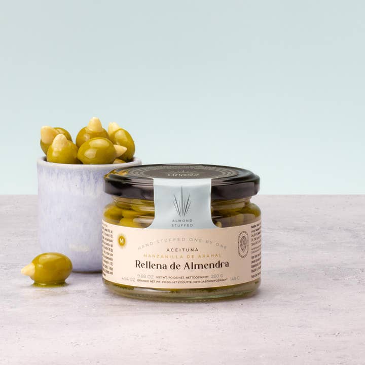 The French Farm - Wholesale Olives - Triana Olivas Almond stuffed Manzanilla Olives 9.88oz3