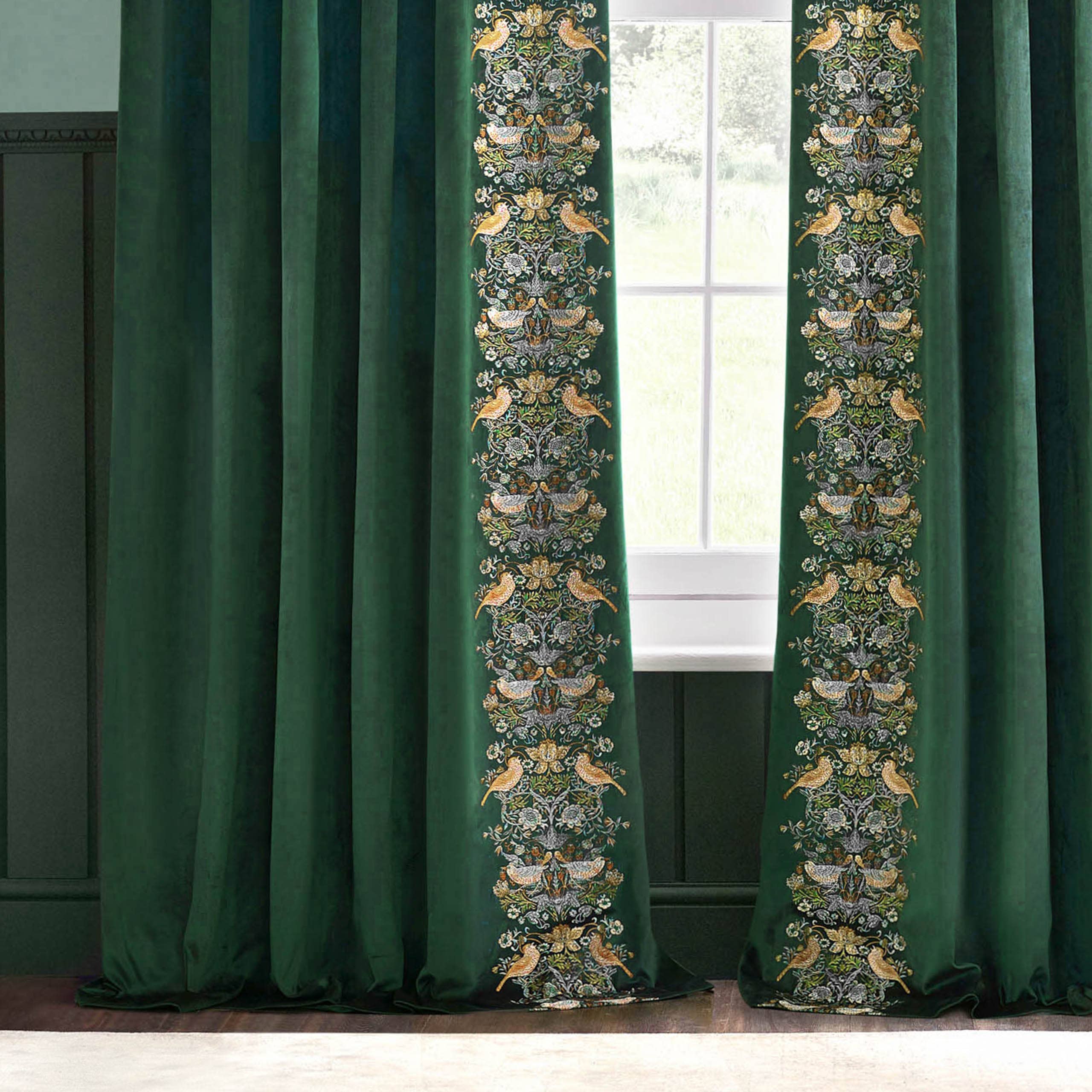 Strawberry Thief Velvet Pencil Pleat Curtains Forest Green for wholesale on Faire3