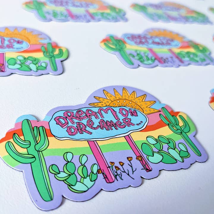 Aimant Dream on Dreamer, aimant cactus, aimant de réfrigérateur pour la vente par Mary Felker Art and Design