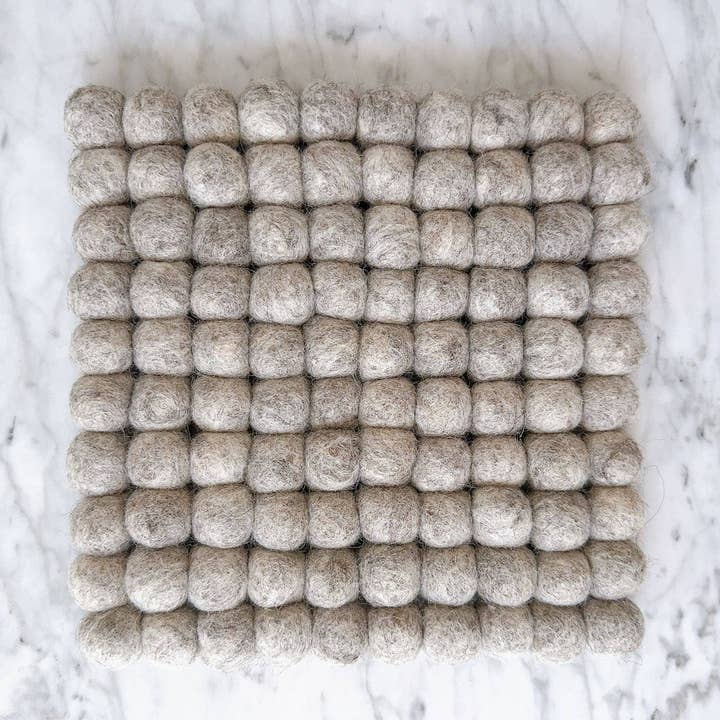 8" Gray Felt Ball Square Pot Trivet / Placemat for wholesale by Ganapati & Co.