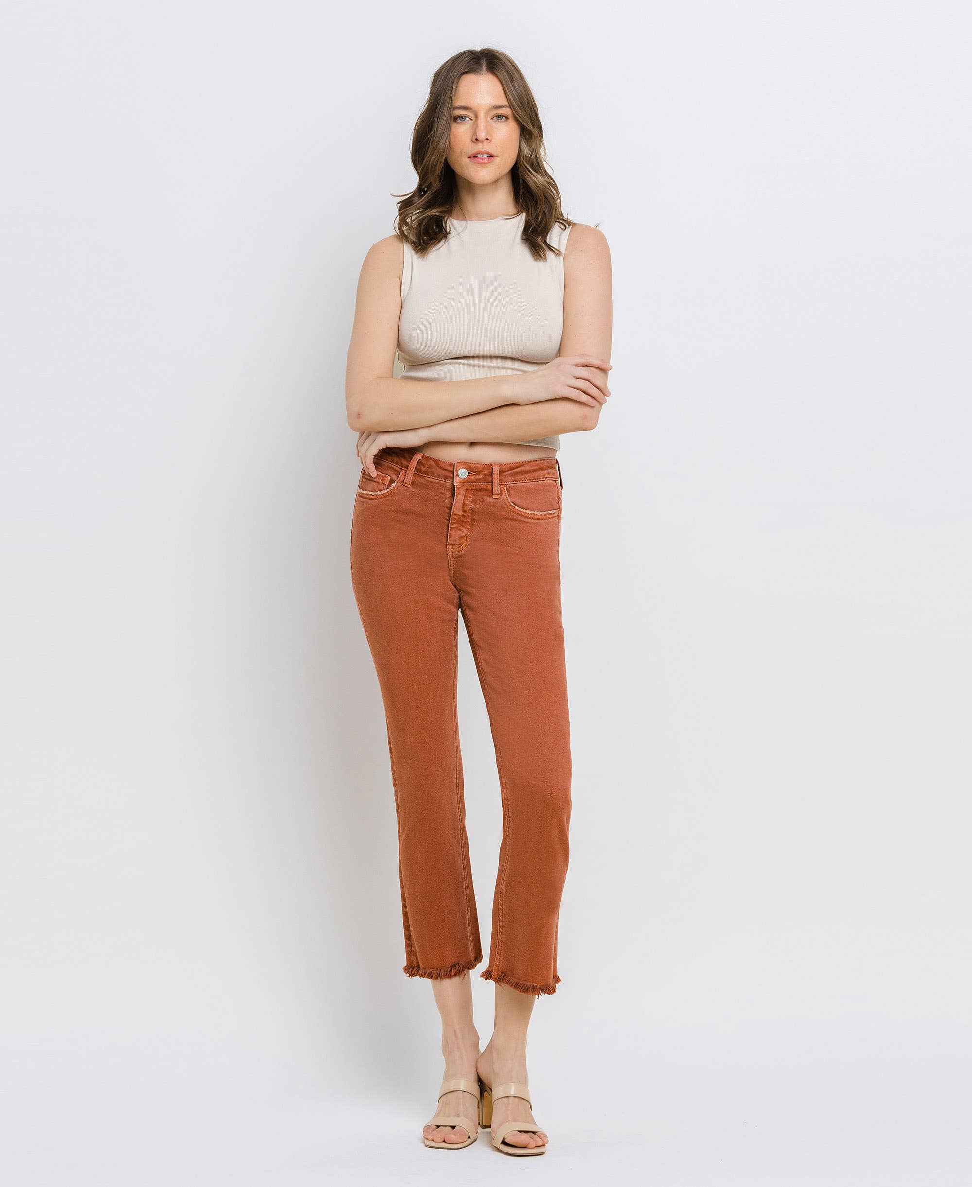 BAKED CLAY MID RISE FRAYED HEM CROP SLIM STRAIGHT JEANS V3500BKC for wholesale on Faire5