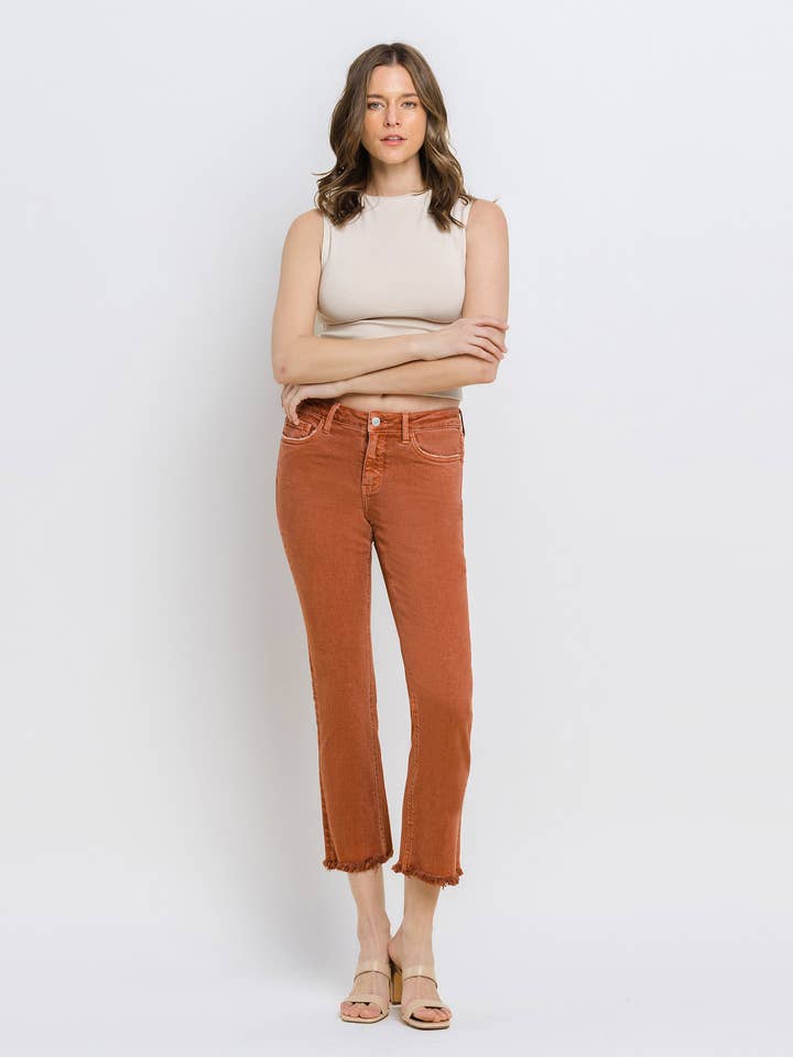 BAKED CLAY MID RISE FRAYED HEM CROP SLIM STRAIGHT JEANS V3500BKC for wholesale on Faire5