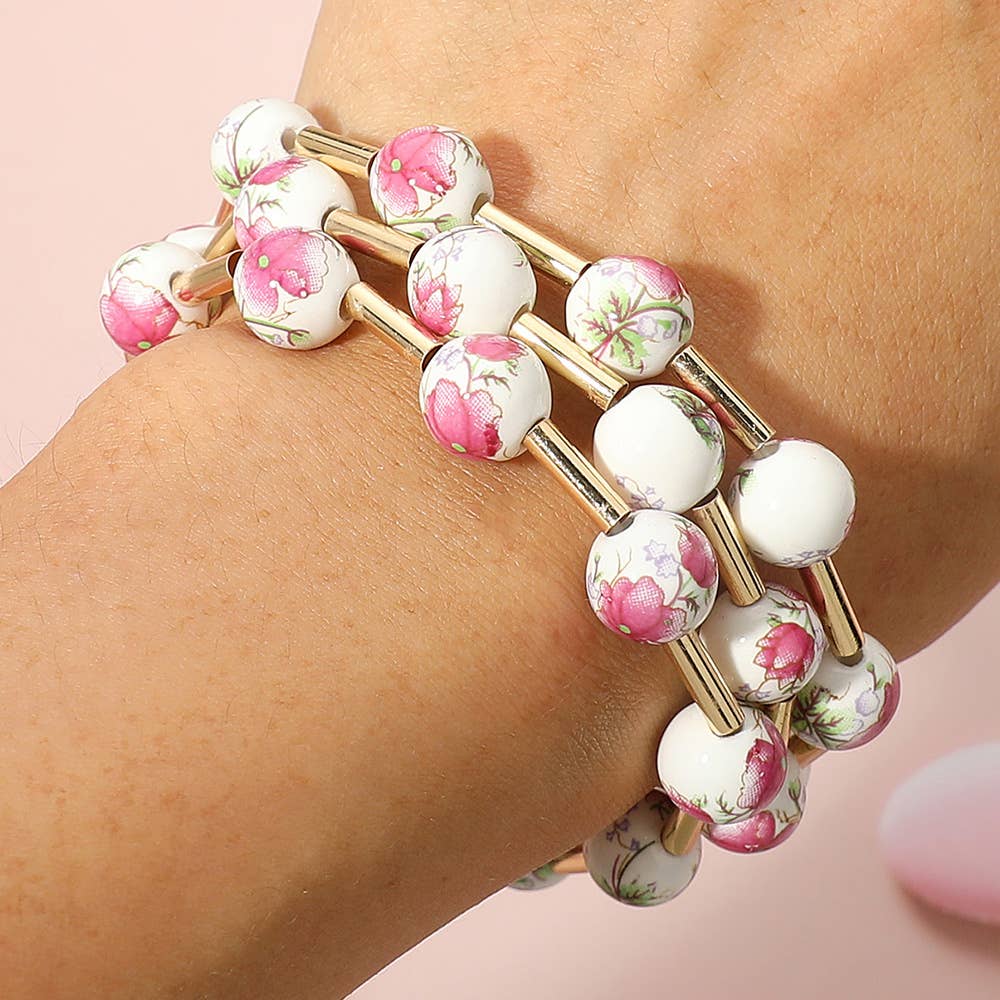 Sensibling Corp. - Wholesale Beaded Bracelet - 3PCS - Floral Ceramic Ball Beaded Stretch Multi Layered Bracelets3