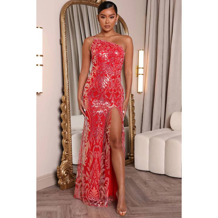 ROBE LONGUE FENDUE À PAILLETTES AVEC ÉPAULE ASYMÉTRIQUE ET BORDURE FESTONNÉE pour la vente par Maniju