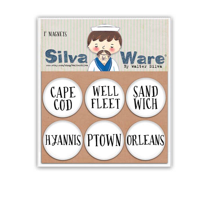 Cape Cod Towns Set of Six Refrigerator Magnets for wholesale by Silva Ware By Walter Silva