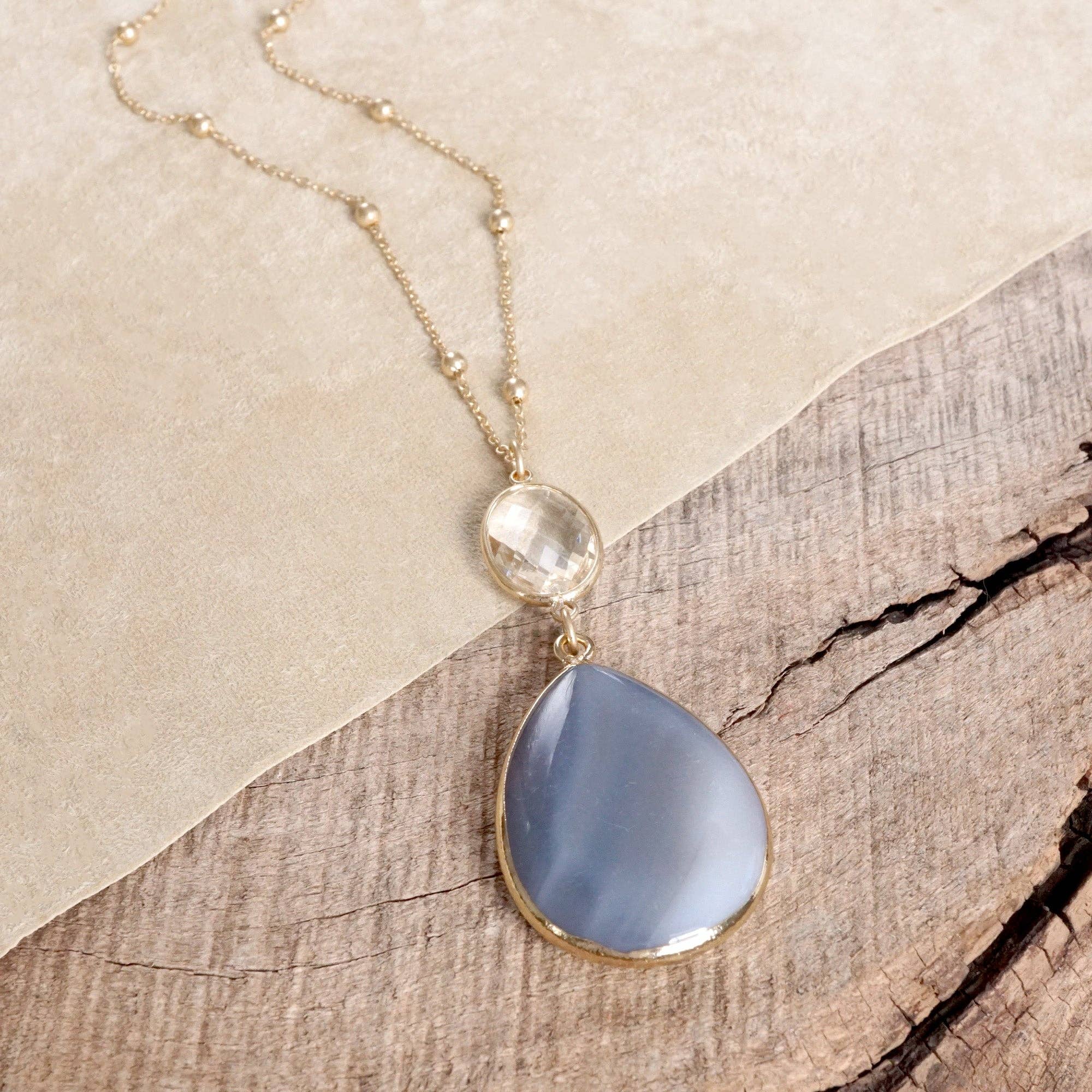 PennyLine inc - Wholesale Pendant/Charm Necklace - Boho Minimal Long Necklace with Teardrop Natural Stone Pendant – Gray and Worn Gold Tone (Copy)2