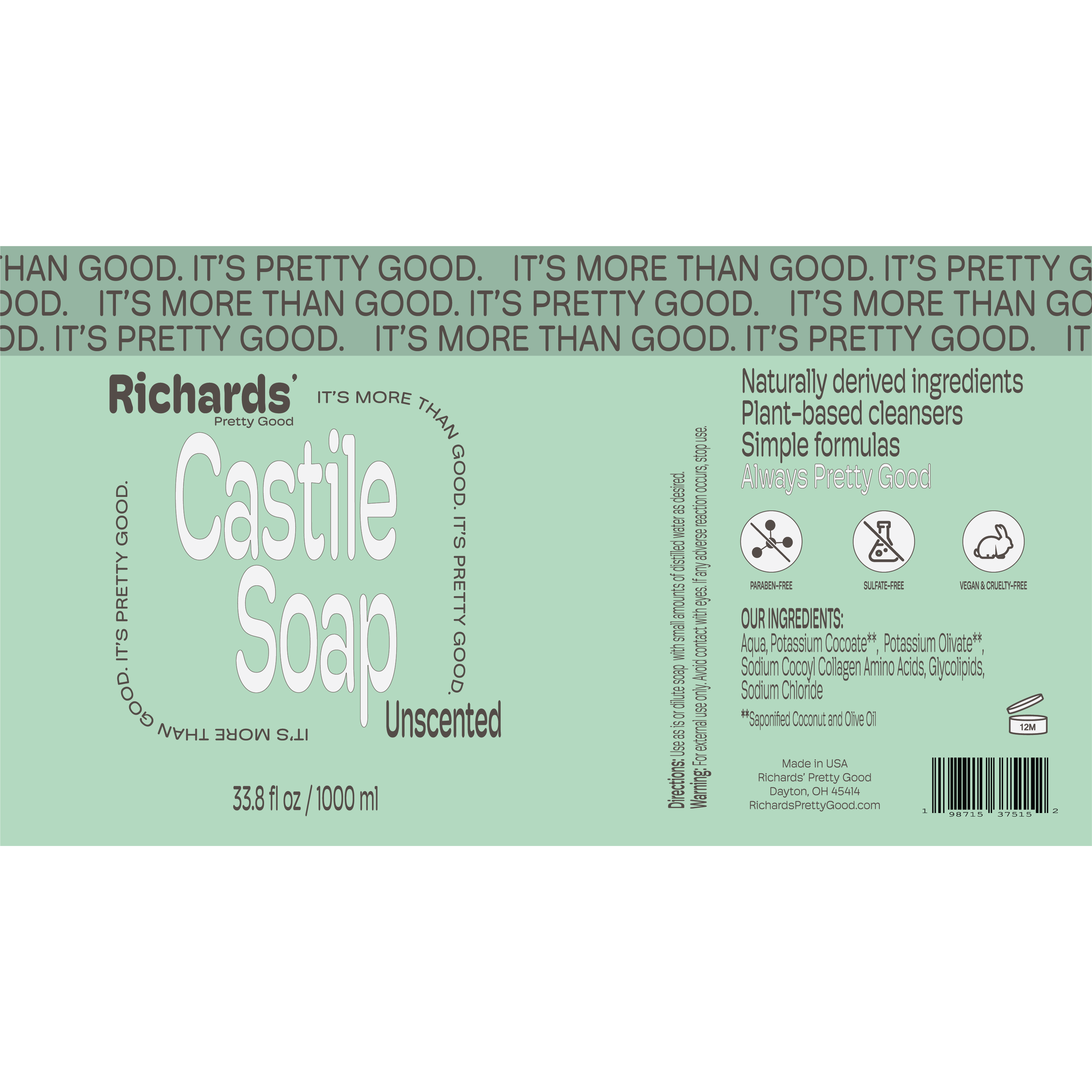 Richards' Pretty Good - Wholesale Body Wash/Shower Gel - Castile Soap - Unscented - 1000 ml2