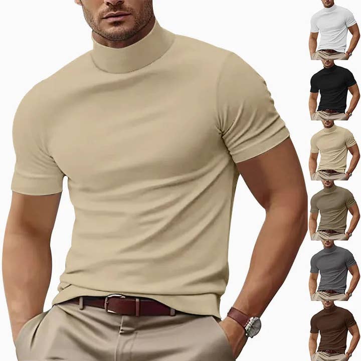 Camiseta Slim de Homem com Gola Alta de Manga Curta e Cor Sólida em Estilo Simples por atacado de Aromatized Collection
