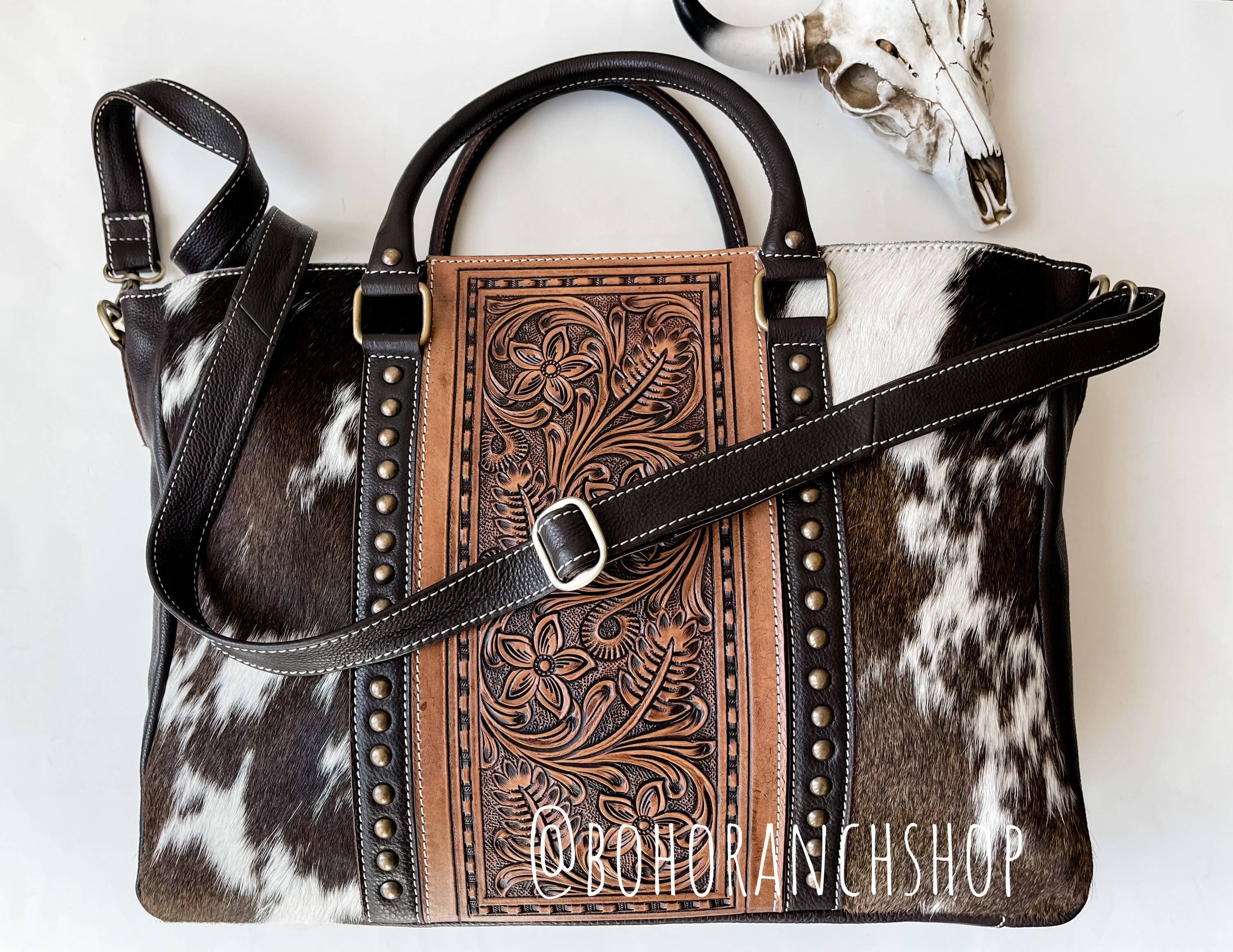 Boho Ranch Shop - Wholesale Tote Bag - Women's - Hand Tooled Leather Cowhide Western Purse Tote Work Bag4