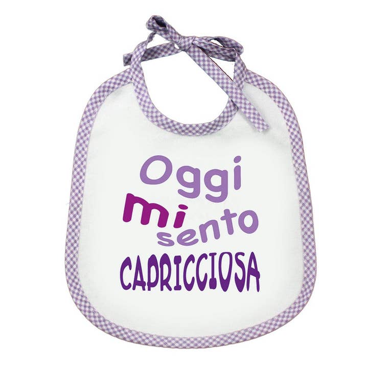 LE FRASI bib cm. 20x24 with laces and transfer printing for wholesale by Almatex srl