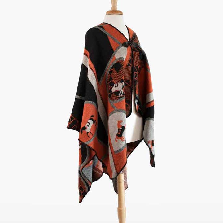 Adina - Equestrian Motif Shawl in Tangerine, Charcoal and Black Luxe Wrap for wholesale by URBAN-EQUESTRIAN