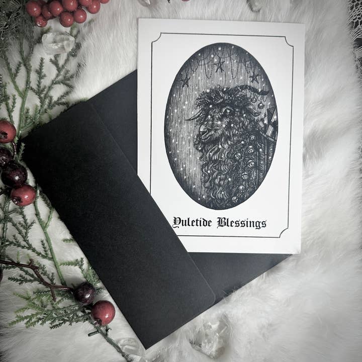 Caitlin McCarthy Art - Wholesale Season's Greetings Card - Yule Goat Holiday Card - Pack of 10 Cards - Winter Solstice1