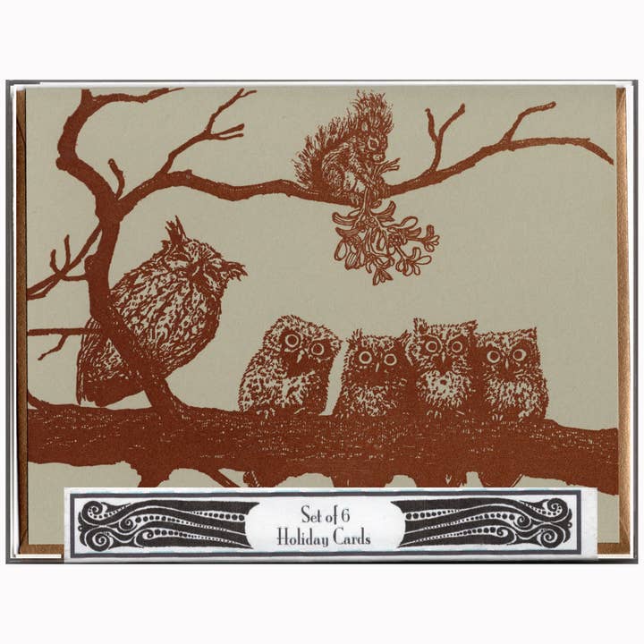 Mistletoe Squirrel Box Set of 6 Letterpress Cards for wholesale by Dandy Lion Press