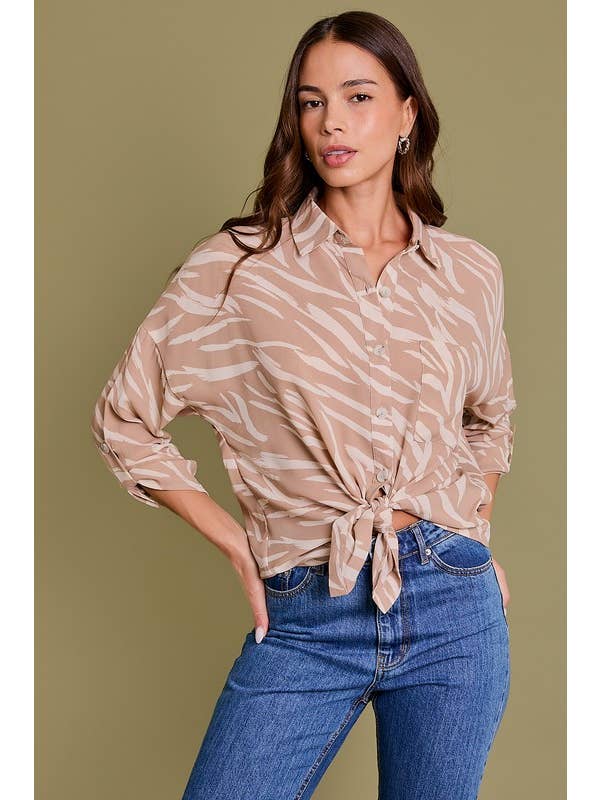 Taupe ivory Abstract ROLL-UP SLEEVE BUTTON DOWN BOTTOM TIE TOP for wholesale on Faire