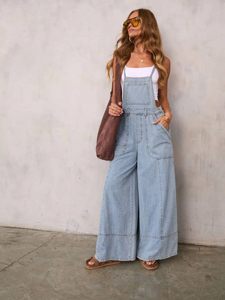 Wide-Leg Denim Overalls for wholesale by Miss Sparkling