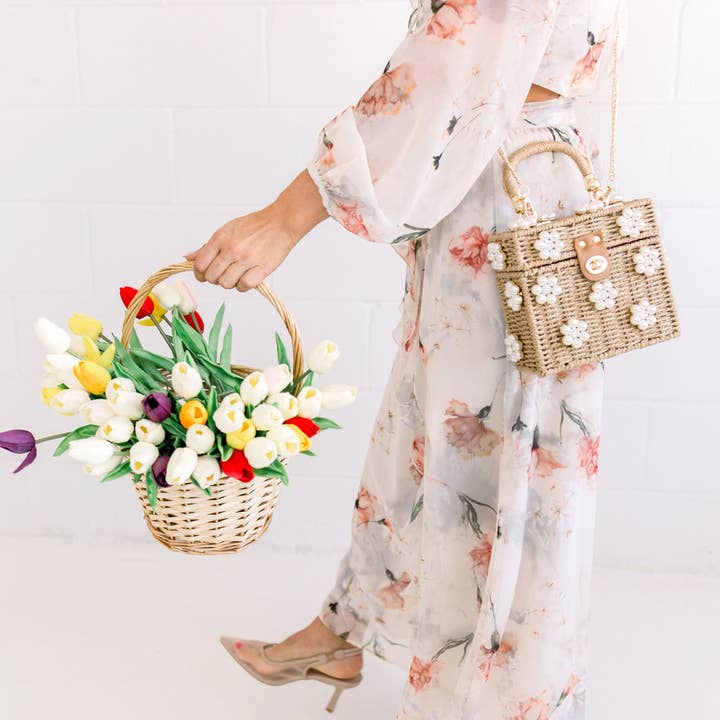 By Jenna Lee - Wholesale Top Handle Bag - Women's - Wicker Bucket Daisy Flower Purse