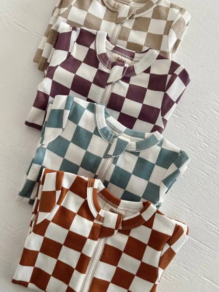 SIIX Collection - Wholesale Jumpsuit - Baby - Berry Cheesecake Checkerboard / Organic 2-Way Zip Romper