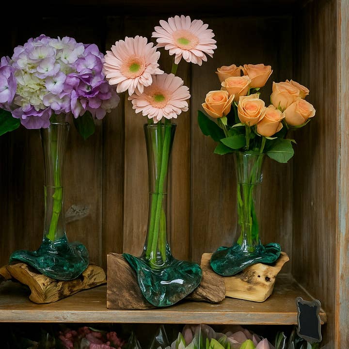 Hand-Blown Glass Vase on Natural Wood Base (approx. 9"h) for wholesale by Asia West