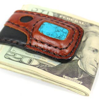 Western Handmade Leather Money Clip With Stone Accent for wholesale by Atlas Goods By Your Needs Company
