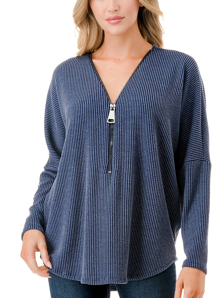 Half Zip Drop Shoulder Top for wholesale by Ookie & Lala / O&L