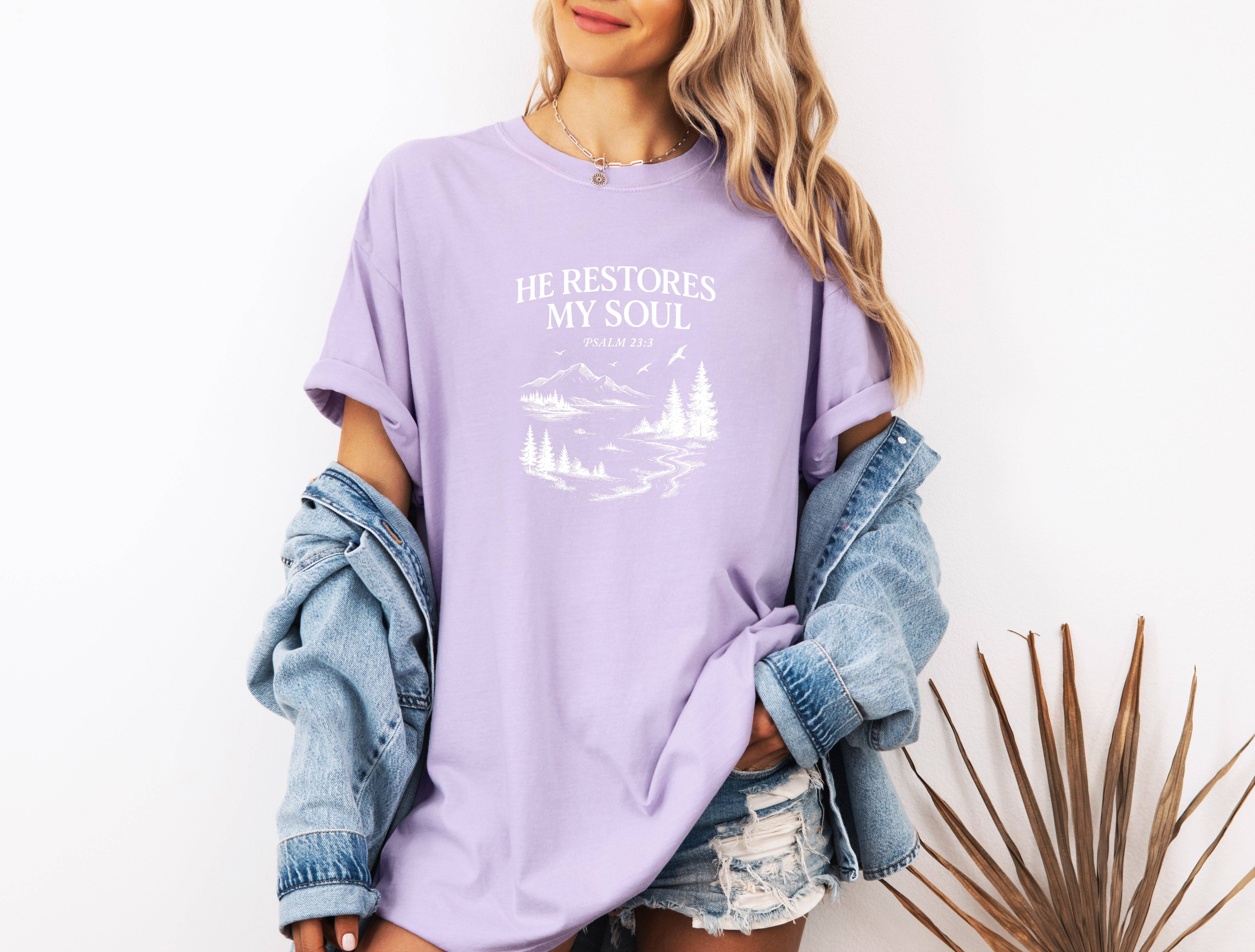 Verita Culture - Wholesale Screen Printed T-Shirt - Women's - He Restores My Soul Christian Comfort Colors Shirt0