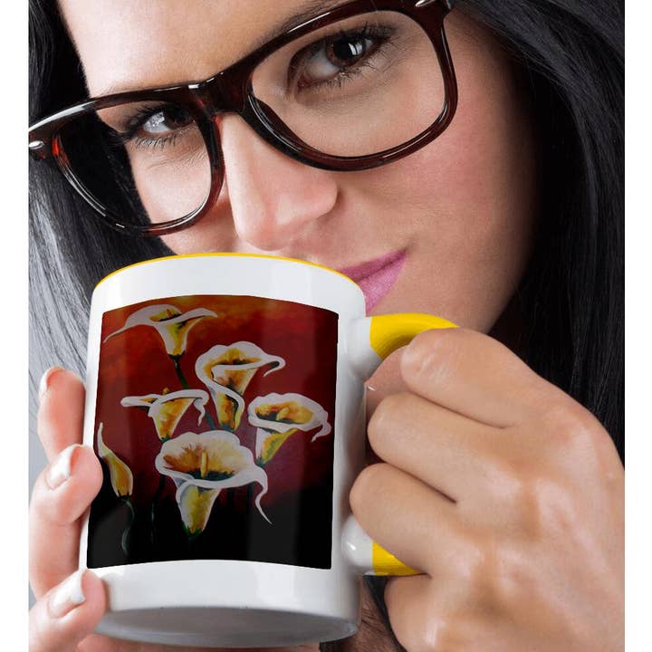 3dRose - Wholesale Coffee Mug - 3dRose, A painted still life of white calla lilies against a brown background , Mug1