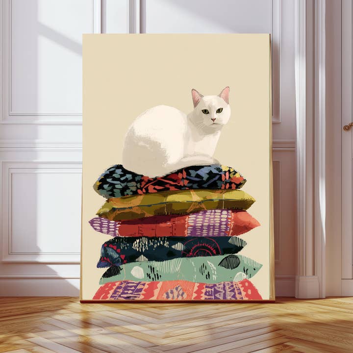 Cozy Cushion White Cat Art Print for wholesale by Kumo Art Prints