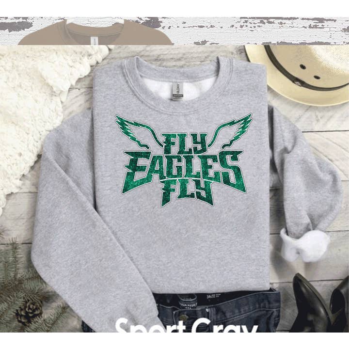 A Blessed Texas Mess Boutique - Wholesale Screen Printed T-Shirt - Women's - Fly Eagles Fly Faux Glitter Bling Philadelphia football