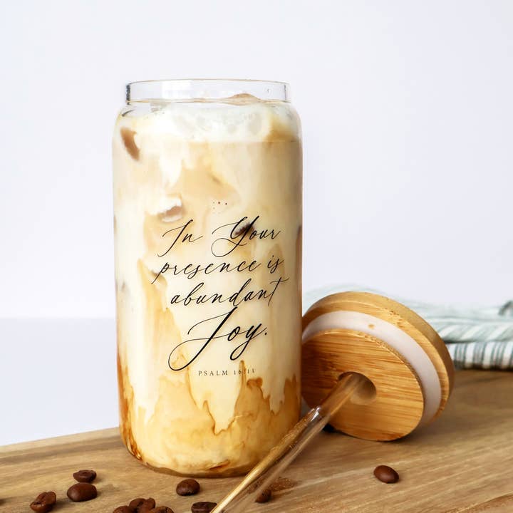 Grace and Joy Company - Wholesale Drinking Glass/Cup - Abundant Joy Iced Coffee Glass Can + Bamboo Lid + Straw
