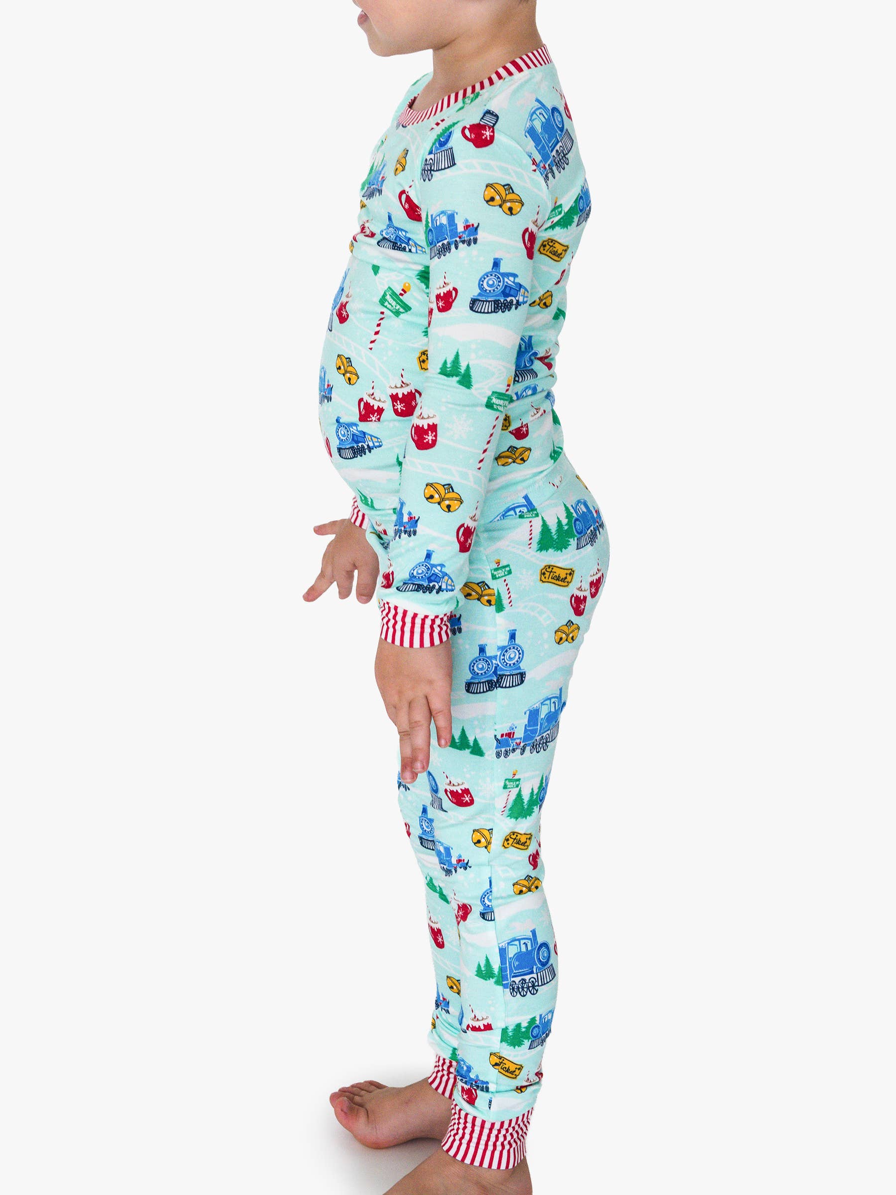 Blue SoftSnooze™ Kids Bamboo Viscose Snowy Train Tracks Long Sleeve Pajama Set for wholesale on Faire2