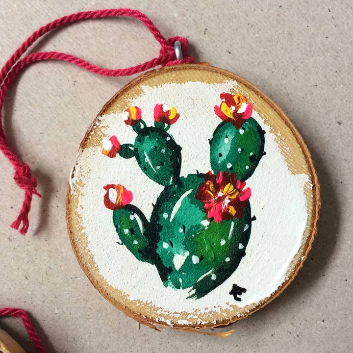 Pink Puddle Studio - Wholesale Ornament - Western Cactus Prickly Pear Wood Disk Ornament1