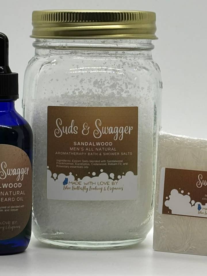 Suds & Swagger Men's Sandalwood Collection for wholesale by Blue Butterfly Healing & Organics LLC