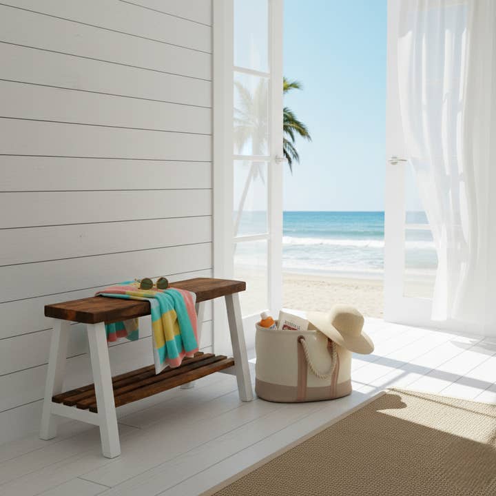 Banco contemporâneo de madeira maciça de pinho com prateleira para armazenamento por atacado de Intrinsic Haven