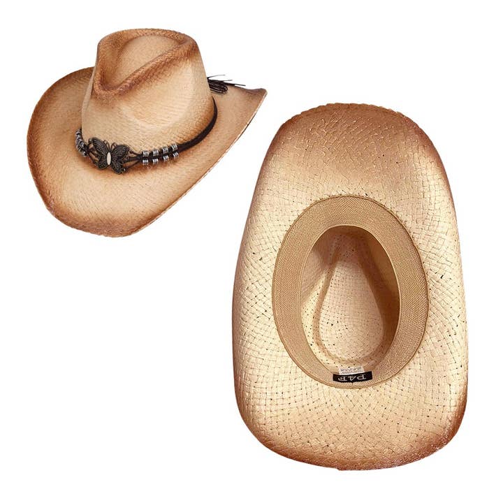 Sensibling Corp. - Wholesale Cowboy Hat - Women's - Western Butterfly Faux Leather Band Straw Cowboy Fedora Hat