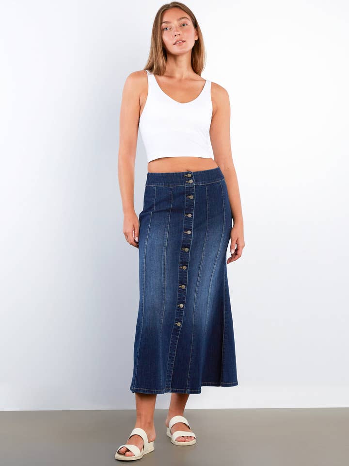 Jupe longue en denim Tulip pour la vente par WASH LAB