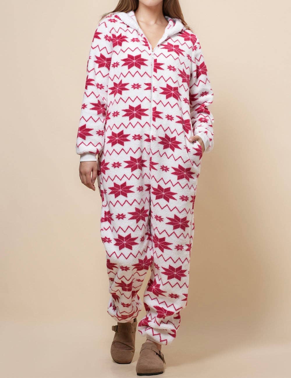 White Ladies Snow Color Block Fleece Jumpsuit Hooded Overall SKJ4924 for wholesale on Faire0