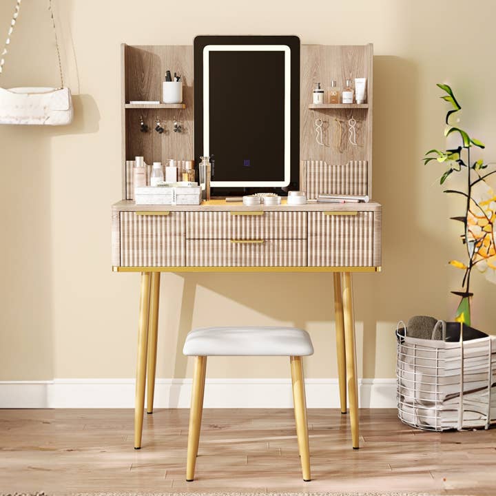 6-Drawer Vanity Desk with LED Mirror & Stool, Canada for wholesale by 39F Inc.