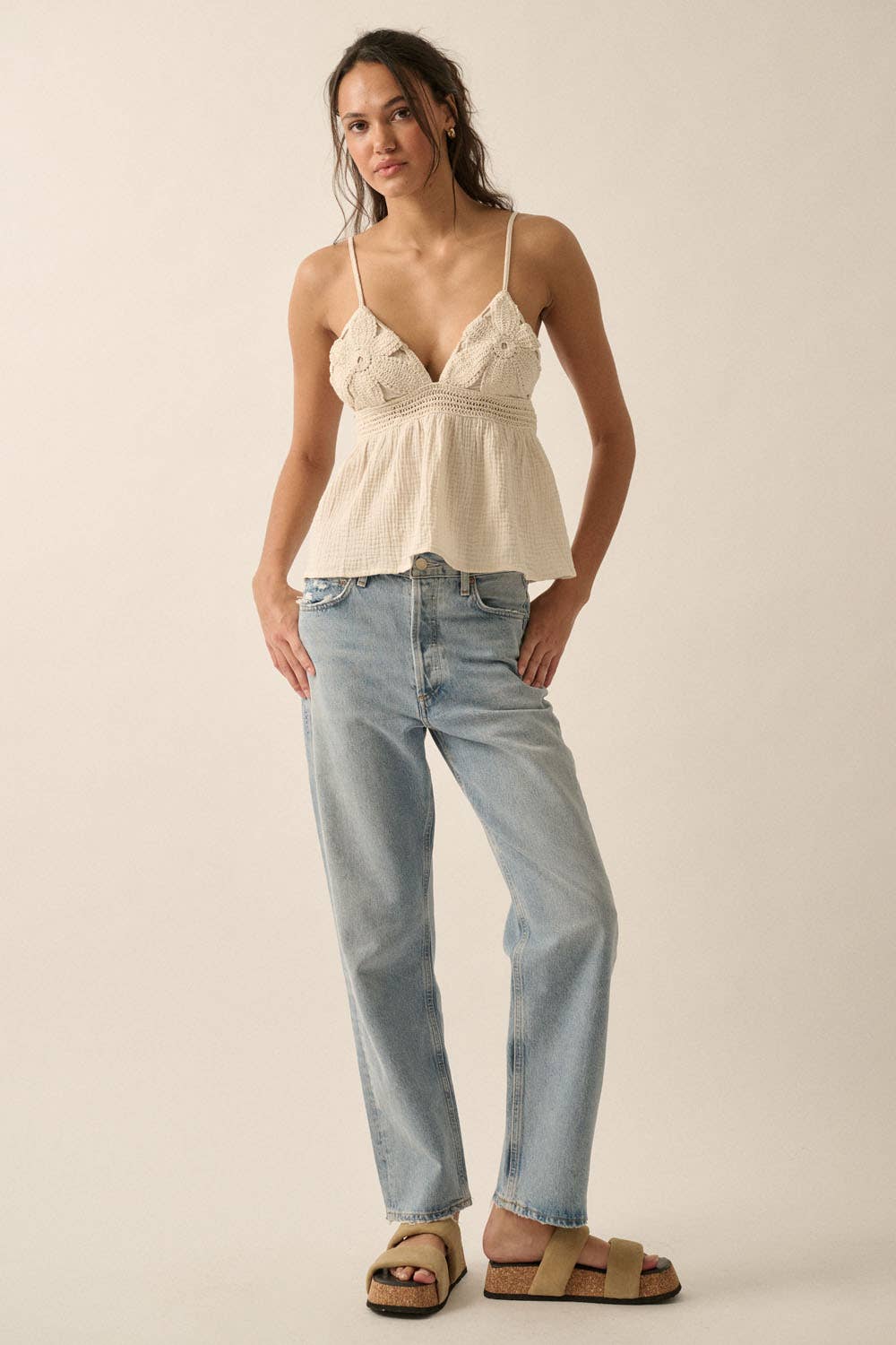 Promesa USA - Vendita all'ingrosso Canotta - Donna - Canotta per babydoll in cotone increspato con motivo floreale all'uncinetto15