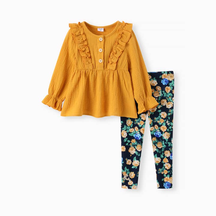 PatPat - Wholesale Top & Leggings Set - Kids - 2pcs Toddler Girl Sweet Ruffled Top & Floral Leggings Set1