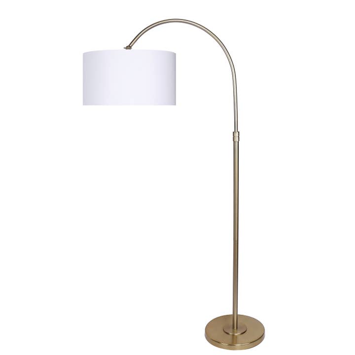 Gold Plated Off White 63.5" Arc Floor Lamp w/ Off-White Linen Hanging Drum Shade for wholesale on Faire